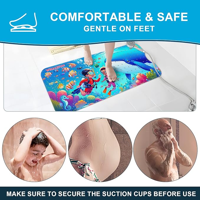 XIYUNTE Baby Bath Mat for Tub Non Slip Kids Bath Mat - 40''x16'' Extra Long Cartoon Whale Baby Bath Tub Mat Eco-Friendly Toddler Bath Mats with Suction Cups & Drain Holes Easy to Clean & Easy Drying