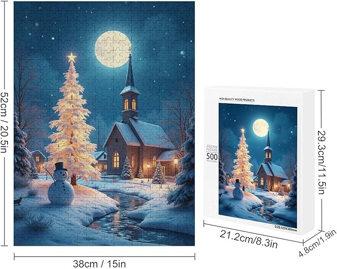 Wooden Puzzle - Church of The Nativity with Snow and Snowmen Jigsaw Puzzles，Wooden Puzzles for Adults 500 Pieces Challenge Puzzles，Educational Games，Family Puzzles