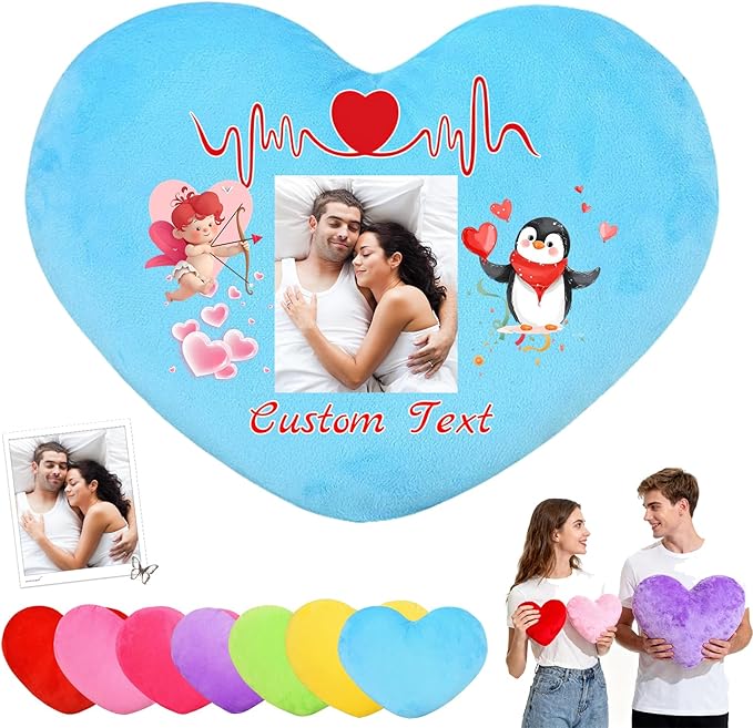 Custom Heart Pillow with Insert, Personalized Heart Shaped Pillows with Photo Name as Valentine Pillows for Hubsand Wife Home Decor Personalized Gifts for Valentines Day Anniversary