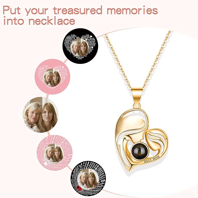 SUPHELPU Personalized Mother's Day Gifts for Mom From Daughter - Custom Photo Necklace With Picture Inside - Projection Necklace for Mom - Memorial Gift