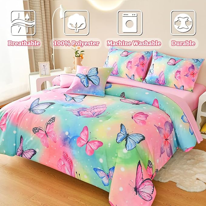 6 Pcs Bed in A Bag Full Comforter Set for Girls,Pink Butterfly Bedding,Butterfly Comforter Sets with Sheets for Kids Teens