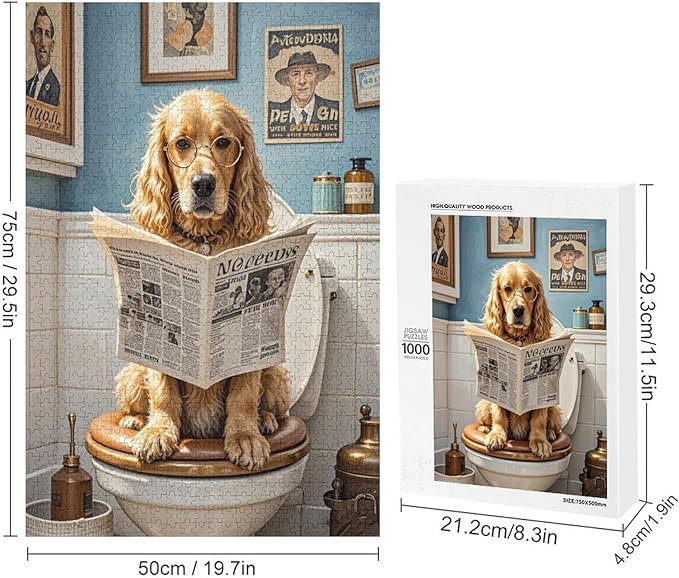 Funny Wooden Puzzle - Goldendoodle on Toilet Reading Newspaper Puzzle for Adult 1000 Piece，Wooden Jigsaw Puzzles Art Leisure Game Fun Suitable Family Friends Educational Learning Games Gift