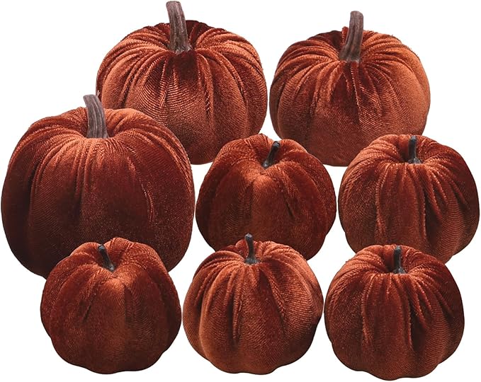 Woration 8pcs Artificial Pumpkins Halloween Decorations Velvet Fake Fabric Pumpkin Assorted Sizes Brown Fall Harvest Table Decor Farmhouse Decorations for Home