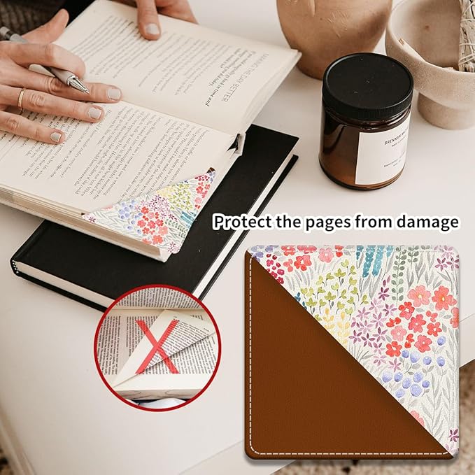Cute Leather Bookmarks, Fun Triangle Making Corner Bookmark, Book Accessories for Reading Book Lovers, Unbreakable Page Markers for Women Men Boho Colorful Floral