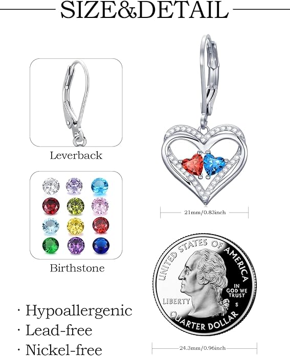 Heart Leverback Earrings Double Birthstone Dangle Earrings for Women, Love Jewelry for Her, Christmas Gifts for Women, Anniversary Birthday Gift for Mom Wife Girlfriend