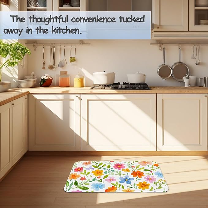 Retro Funky Floral Fast Drying Absorbent Bathroom Mat, Non-Slip Rubber Backing Thin Low-Profile Bath Rug, Easy-Clean Bathroom Floor Mat for Shower, Bathtub, Kitchen, or Entryway
