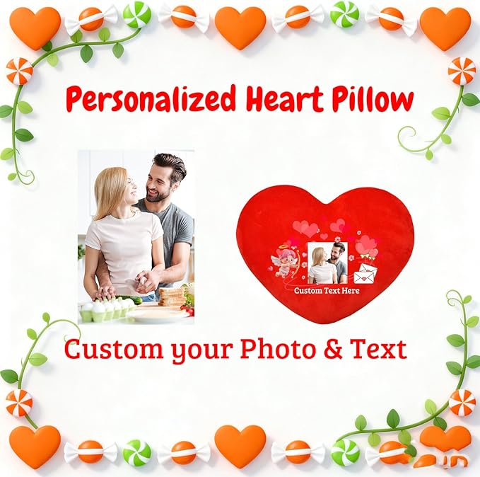 Custom Heart Pillow with Insert, Personalized Heart Shaped Pillow with Photo Text as Valentine Pillows for Girlfriend Boyfriend Home Decor Personalized Gifts for Valentines Day Anniversary