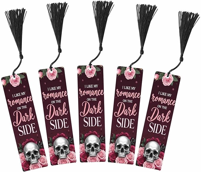 Romantic Skull Rose 5 Pcs Bookmarks Flower Halloween Valentine Dark Red Wooden Bookmarks with Tassel for Students Reader Teachers Book Lovers