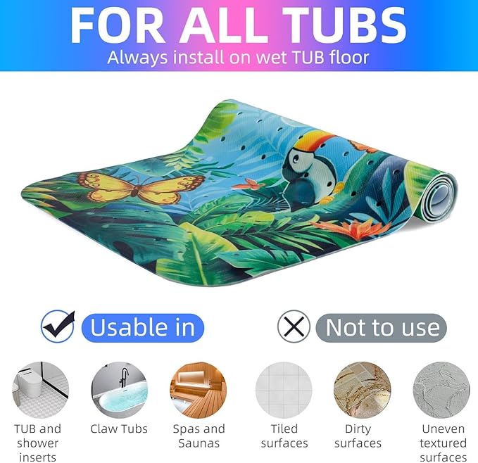 Reetual Cartoon Baby Bath Mat – Non Slip Kids Bathtub Mat for Toddlers, 40" x 16", Suction Cups & Drain Holes, Machine Washable (Jungle)
