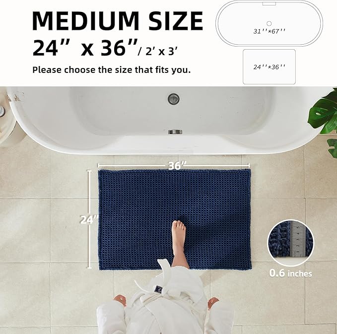 Waffle Bath Mat, Boho Bathroom Rugs Non Slip Washable Super Absorbent Quick Dry Bath Mat Farmhouse Bathroom Decor, 36"x24" Navy Blue
