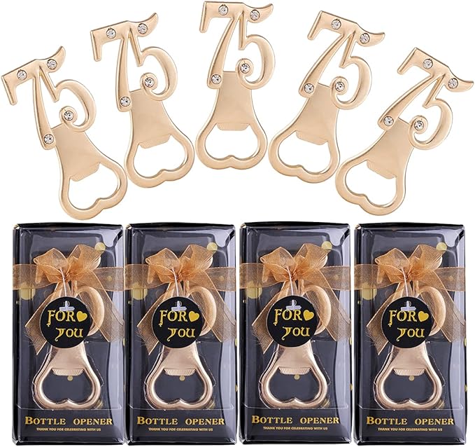 Baseo 24 Pcs Black and Gold 75th Bottle Opener Set - Gold Finish Zinc Alloy Bottle Openers for 75th Birthday Party Favors, Gifts or Souvenirs
