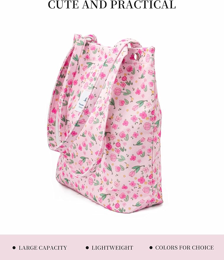 Corduroy Tote Bag Cute Tote Bags for Women Shoulder Bag with Inner Pocket for Work Beach Travel and Shopping Grocery