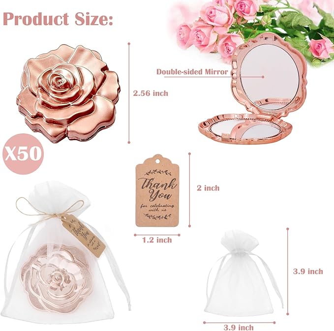 50 Set of Rose Compact Mirrors Bulk Quinceanera Wedding Party Favors Including Rose Shape Mirrors and Thank You Tags with White Organza Bags for quinceanera, Wedding Party Guests Souvenir Gift (50)