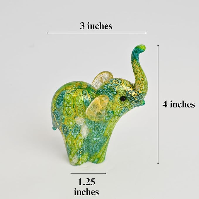 Handmade Murano Glass Elephant Figurine, Green Millefiori with 24K Gold Finish, 4" Tall, Elephant Statue Decor, Gold Elephant Statue, Home Décor Accents, Tiny Elephant Figurine, Made In Italy