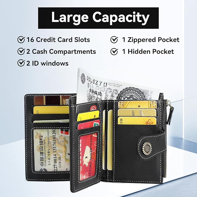 Women's Small Genuine Leather Bifold Wallet Large Capacity RFID Blocking with 16 Card Slots 2 ID Windows and Zipper Coin Pocket Pink (Black)