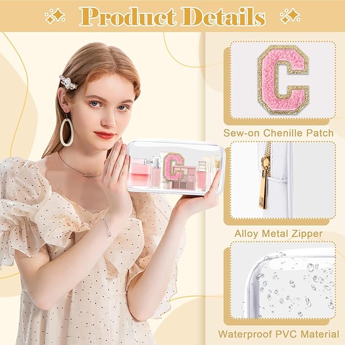 Personalized Initial Letter Clear Makeup Bag,Preppy Small Nylon&PVC Cosmetic Zipper Bag with Chenille Letter,Travel Skincare Toiletry Bag,Monogram Christmas Gift for Teen Girls Women,C