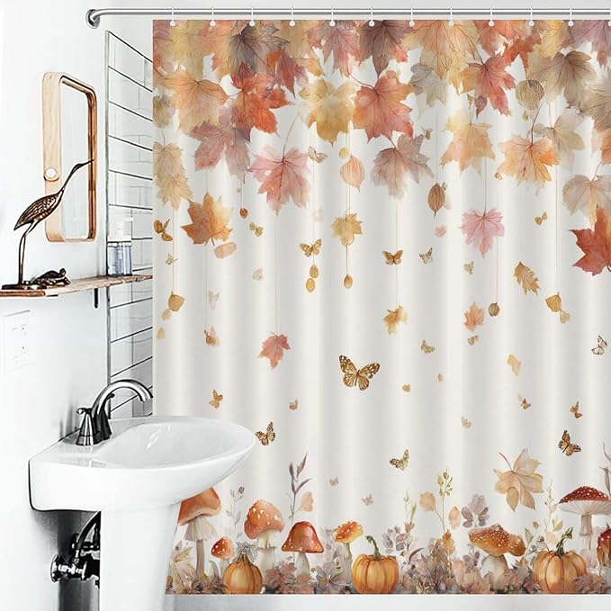 Fall Pumpkin Shower Curtain Autumn Maple Leaves Thanksgiving Harvest Waterproof Washable Fabric Bathroom Shower Curtains for Bathroom Decorations Home Indoor Decor 56x72Inch