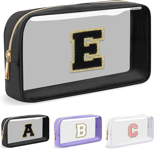 Personalized Initial Letter Clear Makeup Bag,Preppy Small Nylon&PVC Cosmetic Zipper Bag with Chenille Letter,Travel Skincare Toiletry Bag,Monogram Christmas Gift for Teen Girls Women,E