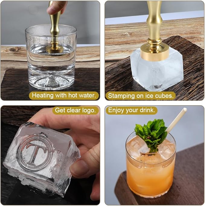 Ice Cube Stamp for Cocktails, Brass Head with Handle, Branding for Whiskey Drinks Party Wedding Making DIY Crafting (Letter T)