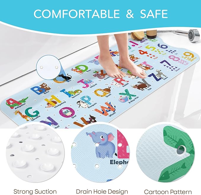 SHUCHING Baby Bath Mat for Tub Non Slip-40 X 16 Inch, Extra Long Kids Bathtub Mat Mold Free, Cartoon Bathtub Shower Mat Anti Slip for Bathroom, Machine Washable, Alphabet