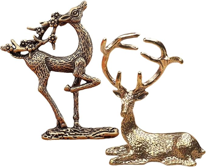Christmas Brass Deer Figurines,Mini Solid Brass Statue,2Pcs Miniature Deer Statues for Christmas Decor, Home Decorations