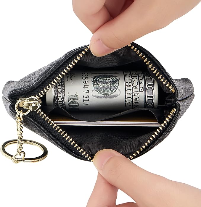 WOZEAH Artificial Leather Coin Purse Change Purse With Key Chain Ring Zipper For Men Women (A Black)
