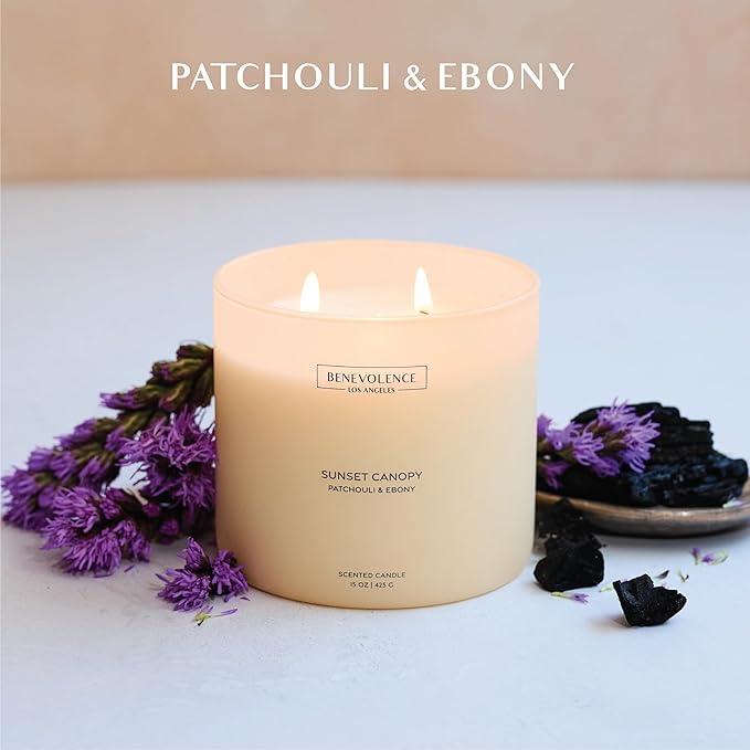 Patchouli & Ebony – Benevolence LA 3-Wick Fall Scented Candle for Home | 15oz, 50-Hour Burn | Natural Soy Wax | Warm & Grounding Home Fragrance | Malibu Sands Collection – Gift for Women & Men