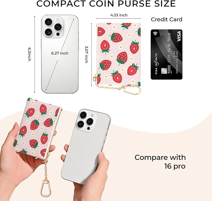 Strawberry Cute Keychain Coin Purse for Women, Small PU Leather Change Pouch, Zipper Little Tiny Travel Wallet for Girls, Cute Kawaii Zip Pocket Coin Holder with Key Ring