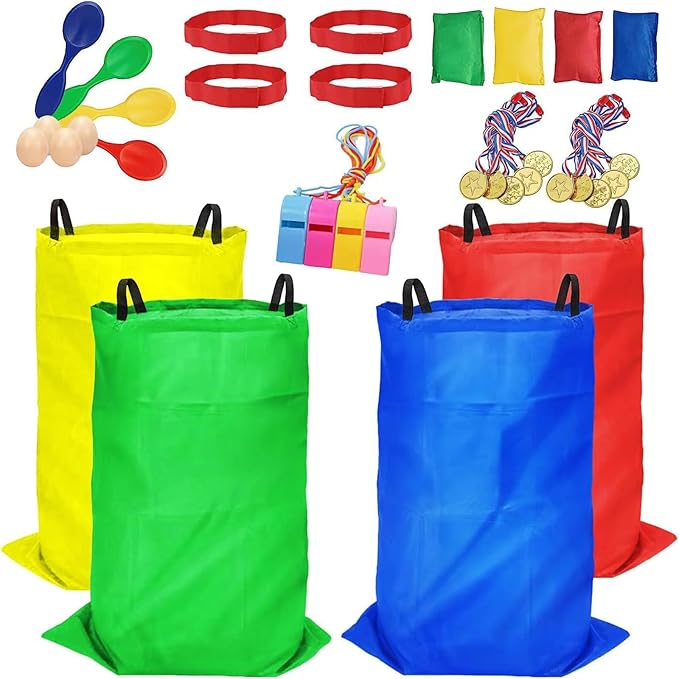 32 Pcs Outdoor Games Potato Sack Race Bags for Kids Adults, Bean Bag Toss Game, 3 Legged Race Bands, Egg Spoon Relay Race Game, Carnival Outside Yard Lawn Games for Easter Christmas Birthday Party