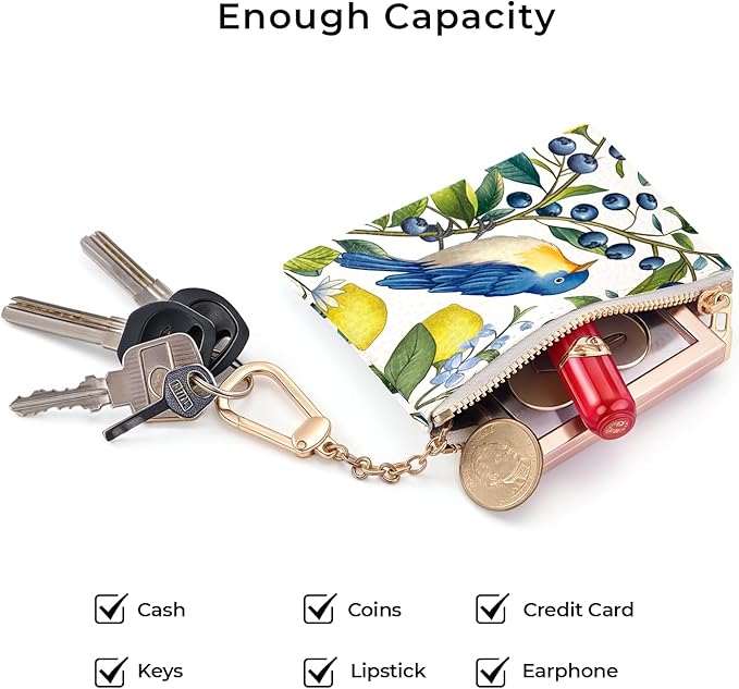 Hummingbird Keychain Coin Purse for Women, Small PU Leather Change Pouch, Zipper Little Bird Tiny Travel Wallet for Girls, Cute Kawaii Zip Pocket Coin Holder with Key Ring