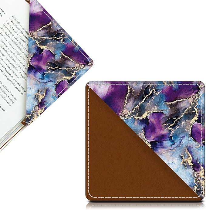 Cute Leather Bookmarks, Fun Triangle Making Corner Bookmark, Book Accessories for Reading Book Lovers, Unbreakable Page Markers for Women Men Luxury Blue Purpler Marble