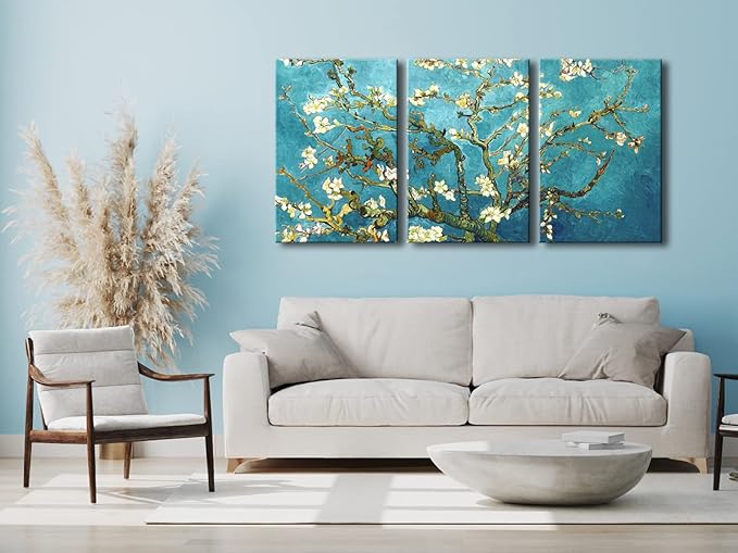 Wieco Art Giclee Canvas Prints Wall Art for Wall Decor by Van Gogh Paintings Almond Blossom Modern 3 Piece Stretched and Framed Abstract Flowers Artwork Home Office Decorations
