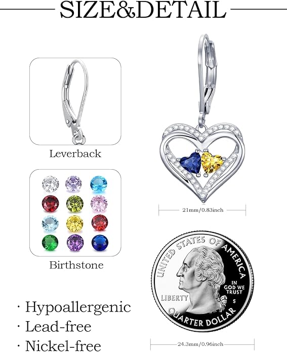Heart Leverback Earrings Double Birthstone Dangle Earrings for Women, Love Jewelry for Her, Christmas Gifts for Women, Anniversary Birthday Gift for Mom Wife Girlfriend