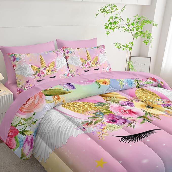 Unicorn Comforter Set Queen - 7 Pcs Floral Girls Bedding, Pink Purple Blue Girls Quilt Set, All Season Microfiber Comforter, Sheets, Pillowcases