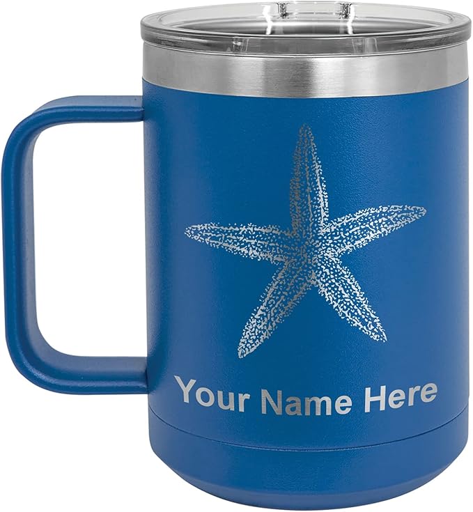 LaserGram 15oz Vacuum Insulated Coffee Mug, Starfish, Personalized Engraving Included (Dark Blue)