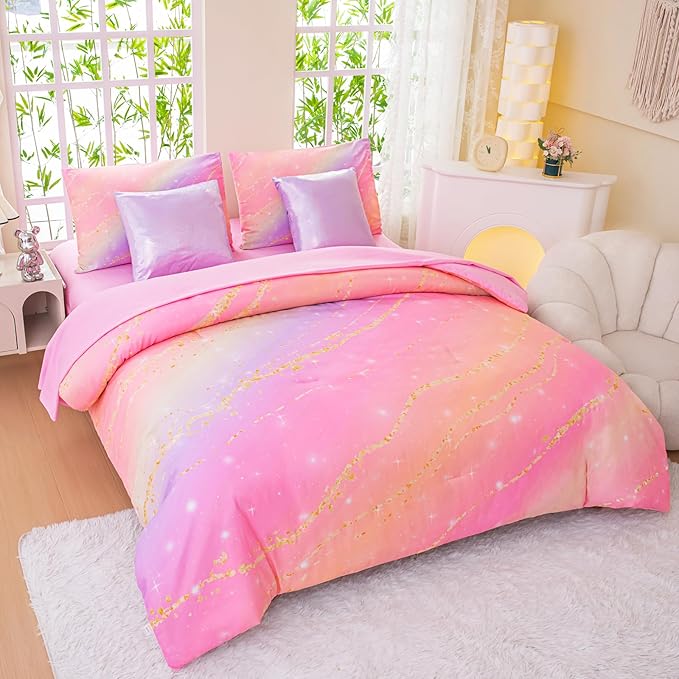 Rainbow Bedding Set Twin Size – 7 Piece Reversible Girls Comforter with Deep-Pocket Sheet, Gradient Galaxy Design, Whole-Piece Filling, Machine Washable Bed-in-a-Bag for Kids Room Makeover & Gifts