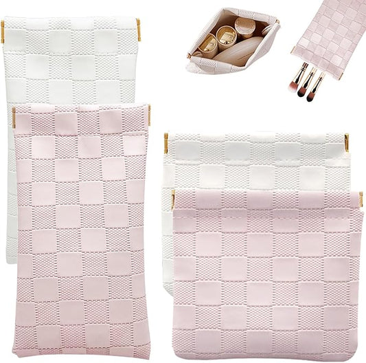 4PCS Small Makeup Bag for Purse, Mini Leather Pocket Cosmetic Bag for Women, Waterproof Portable Makeup Pouch No Zipper Coin Purse Lipstick Bag Accessories, Checkered Travel Storage Bag(White, Pink)
