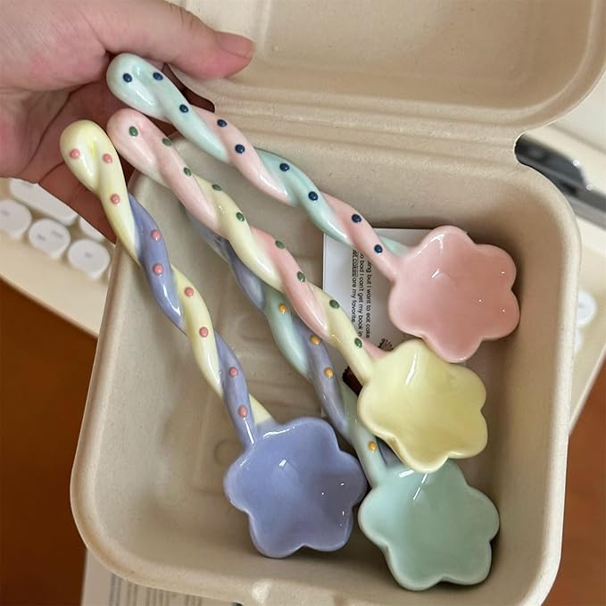 4-Pack - Ceramic Vintage Afternoon Tea, Coffee Whisk, Floral embossed beaded dessert spoon，Handmade Spoon, Long-Handle Coffee Scoop, tea scoop for loose tea, Size 5.9 * 1.5in(15 * 4cm)