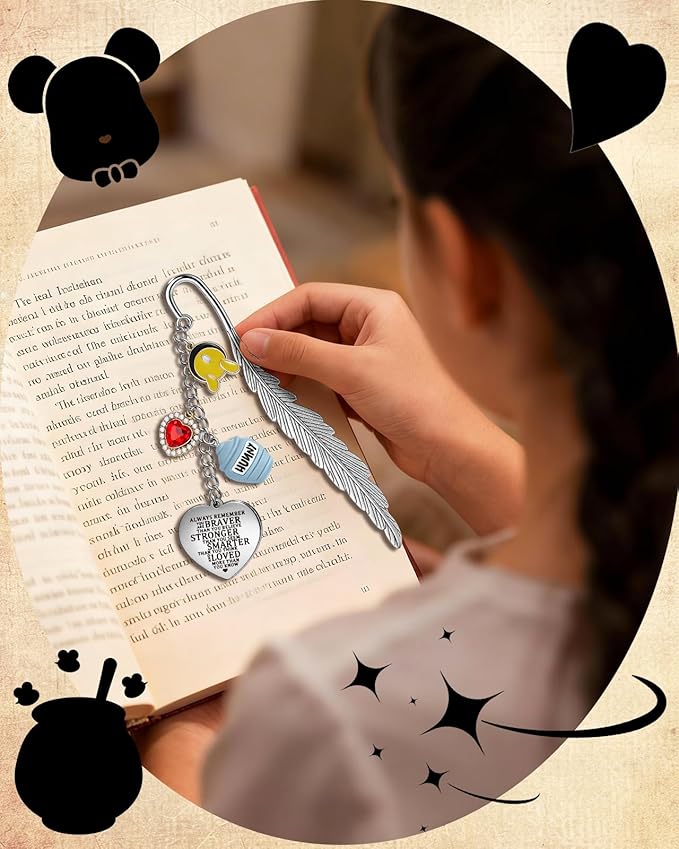 Buleens Bookmarks for Women Reading - Book Marks for Readers Book Lovers, Feather Motivational Quote Bear Personalized Metal Bookmark with Pendants, Pretty and Aesthetic Book Accessories Reading Gifts