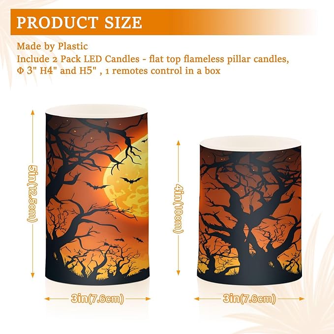 ALAZA Halloween Moon Tree Bat Flickering Flameless Candles Battery Operated with Remote Timer,Tea Light Candles LED Pillar Votive Candles Set of 2 for Outdoor Indoor Decorations