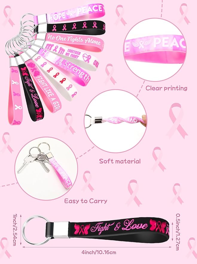 36pcs Breast Cancer Awareness Silicone Keychains Hope Faith Strength Pink Ribbons Motivational Rubber Keychains for Women Breast Cancer Awareness Decoration Party Favor Gift Supplies