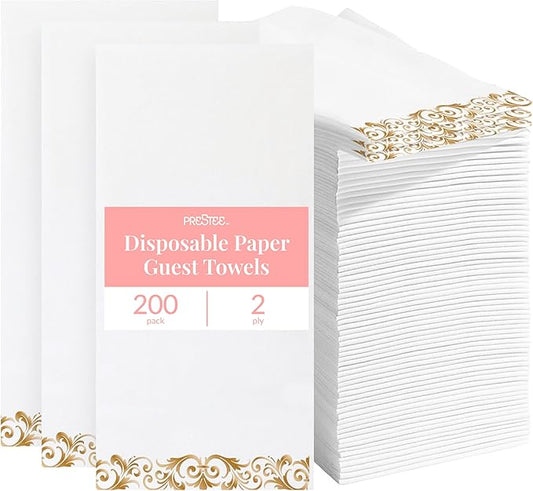 Prestee 200 Pack Disposable Paper Guest Towels for Bathroom, 2-Ply - Elegant Linen Feel Paper Napkins - Absorbent Decorative Guest Towels for Bathroom, Wedding, and Party Use - (White and Gold)