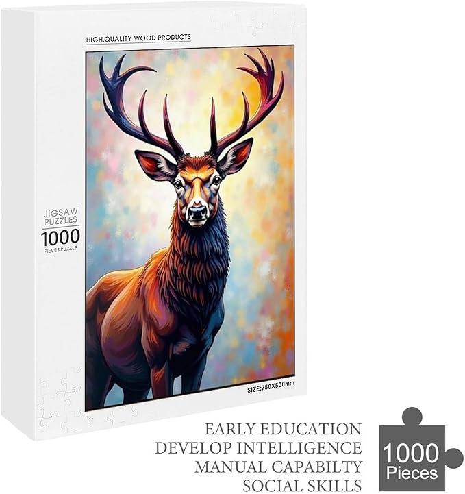 Wooden Puzzles 1000 Piece，Color Abstract Deer Painting Themed Jigsaw Puzzles，Family Puzzles，Unique Gifts for Wall Art，Funny Puzzles，Stress Relief Games，Puzzle Games