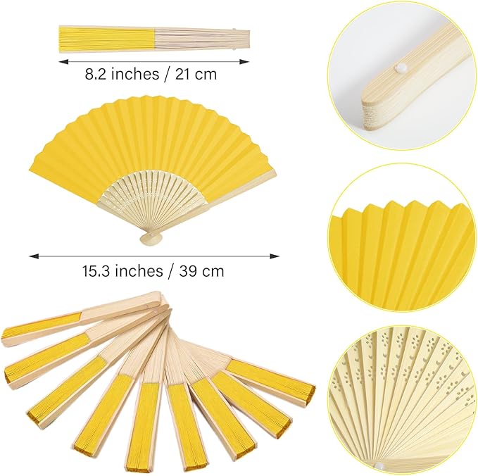 50 Pieces Paper Fans Paper Hand Fan Bamboo Folding Fan Handheld Fan Paper Folded Fan Paper Fan for Wedding Party and Home Decoration (Yellow)