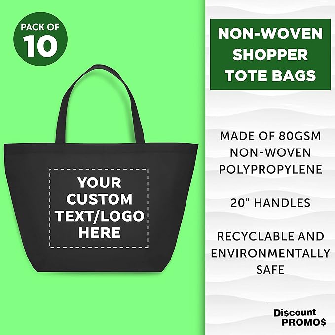 DISCOUNT PROMOS Custom Southern Style Grocery Tote Bags Set of 10 - Personalized Bulk Pack, Reusable Grocery & Shopping Bags - Great for Travel, Carry on Bag, Business Promotions - Black - 20"X13"X8"