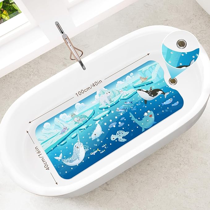 SHUCHING Polar Animal Bath Mat for Tub Non Slip-40 X 16 Inch, Baby Kids Bathtub Mat Non Slip, Toddler Long Shower Mat for Bathroom