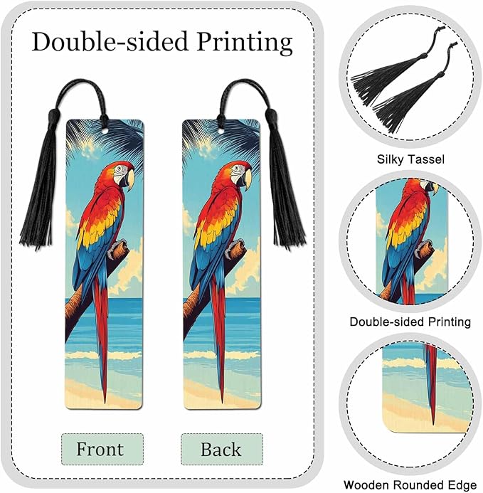 Parrot Bookmarks 5 Pcs with Tassels Bird Palm Summer Beach Wooden Bookmarks for Reading Women Students Teacher Reader