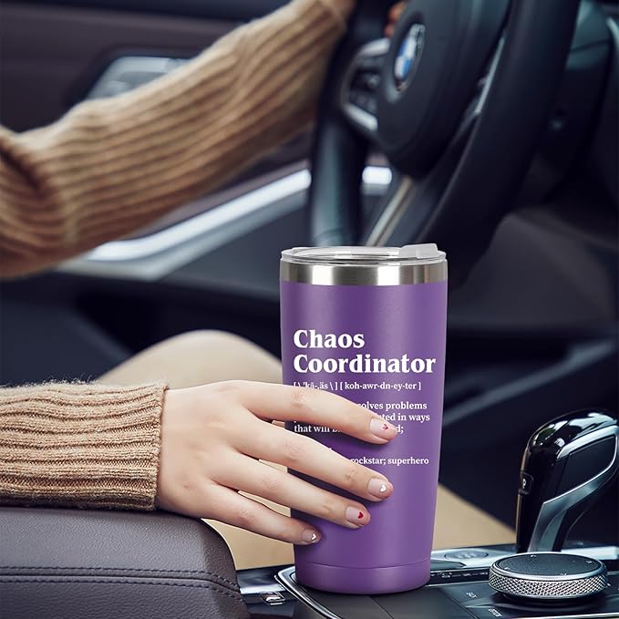 Chaos Coordinator Gifts for Women Men - Chaos Coordinator Tumbler Mug 20oz Gifts for Boss Coworker Gift for Teacher Appreciation Present Baskets for Supervisor Manager Nurse Purple Drinking Cup