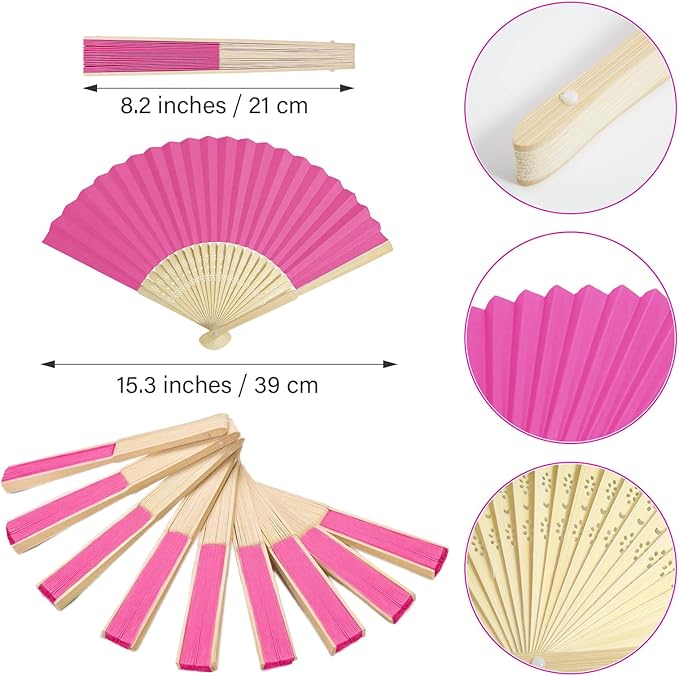 50 Pieces Paper Fans Paper Hand Fan Bamboo Folding Fan Handheld Fan Paper Folded Fan Paper Fan for Wedding Party and Home Decoration (Hot Pink)
