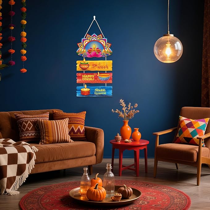 CHDITB Happy Diwali Wooden Sign, Wooden Lotus Rangoli Diyas Festive Wooden Hanging Plaque, Colorful Deepavali Themed Door Hanger, Diwali Wall Art Porch Hanger for Light Celebration Party Decorations